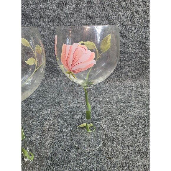 Set of 4 Hand-Painted Floral Wine Glasses Pink Flower Elegant Stemware 8.25" - Picture 7 of 7